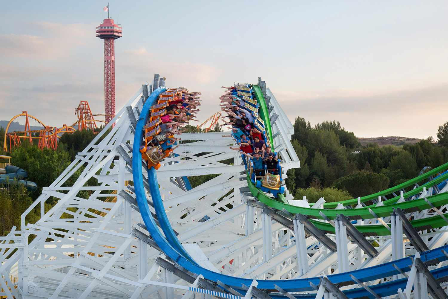 Twin racing roller coasters at a Spanish theme park